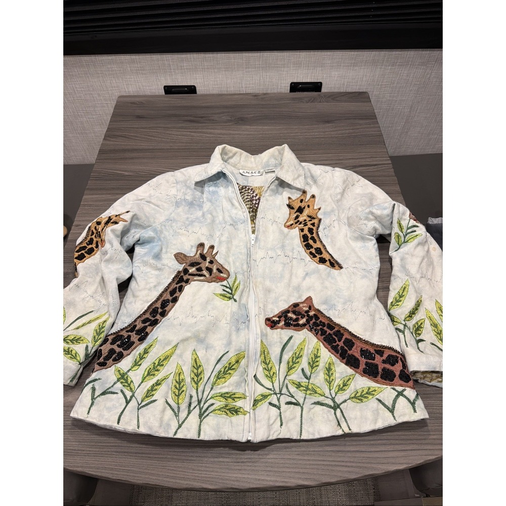 ANAGE 90s Y2K embroidered beaded womens jacket artsy chic boho funky L Giraffes